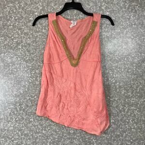 Lux Pink Asymmetrical Hem Beaded Sleeveless Top - Size Small - Crinkle Fabric